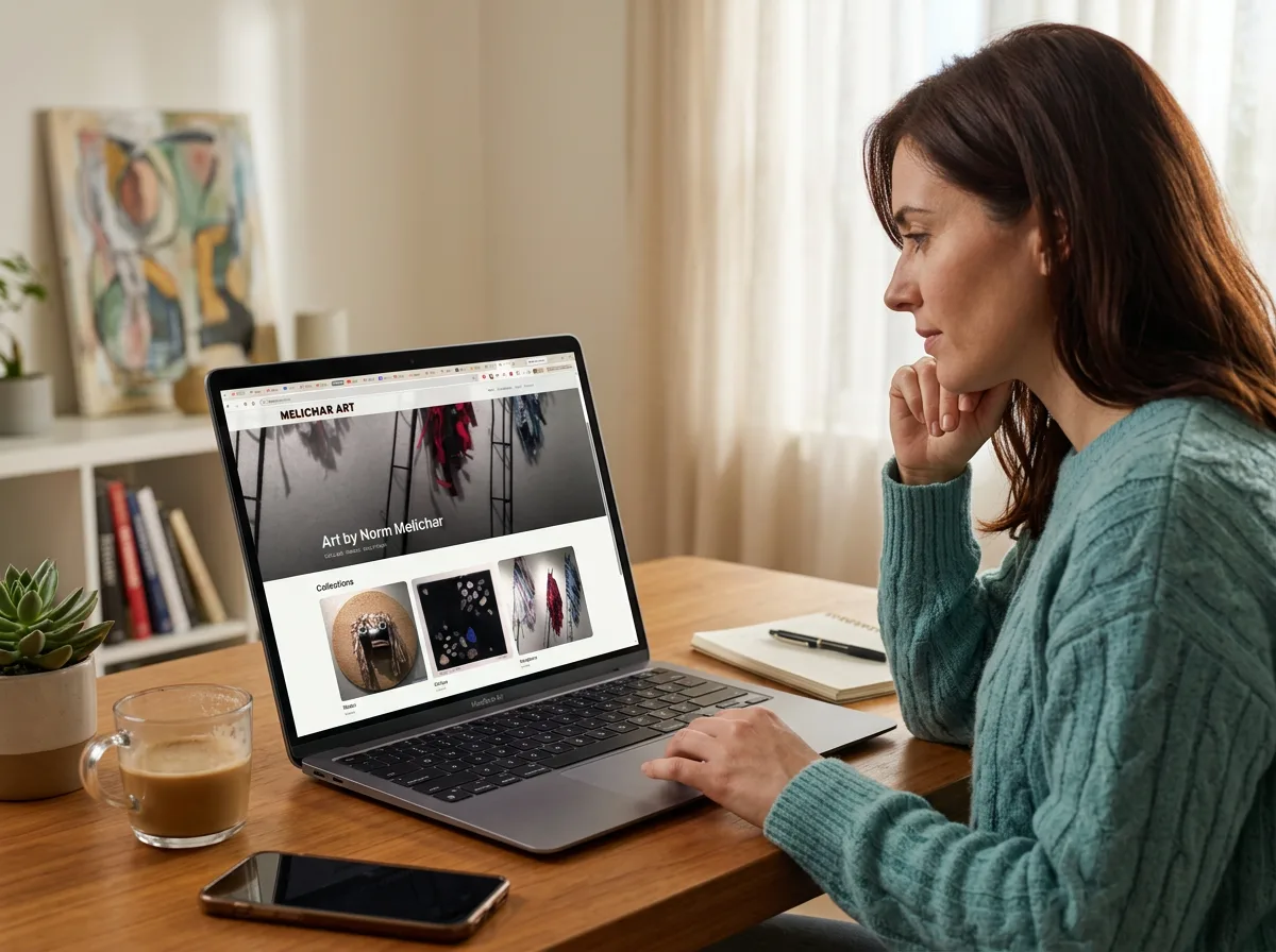An artist's storefront homepage — a designed theme with their logo, colors, and a gallery of work.